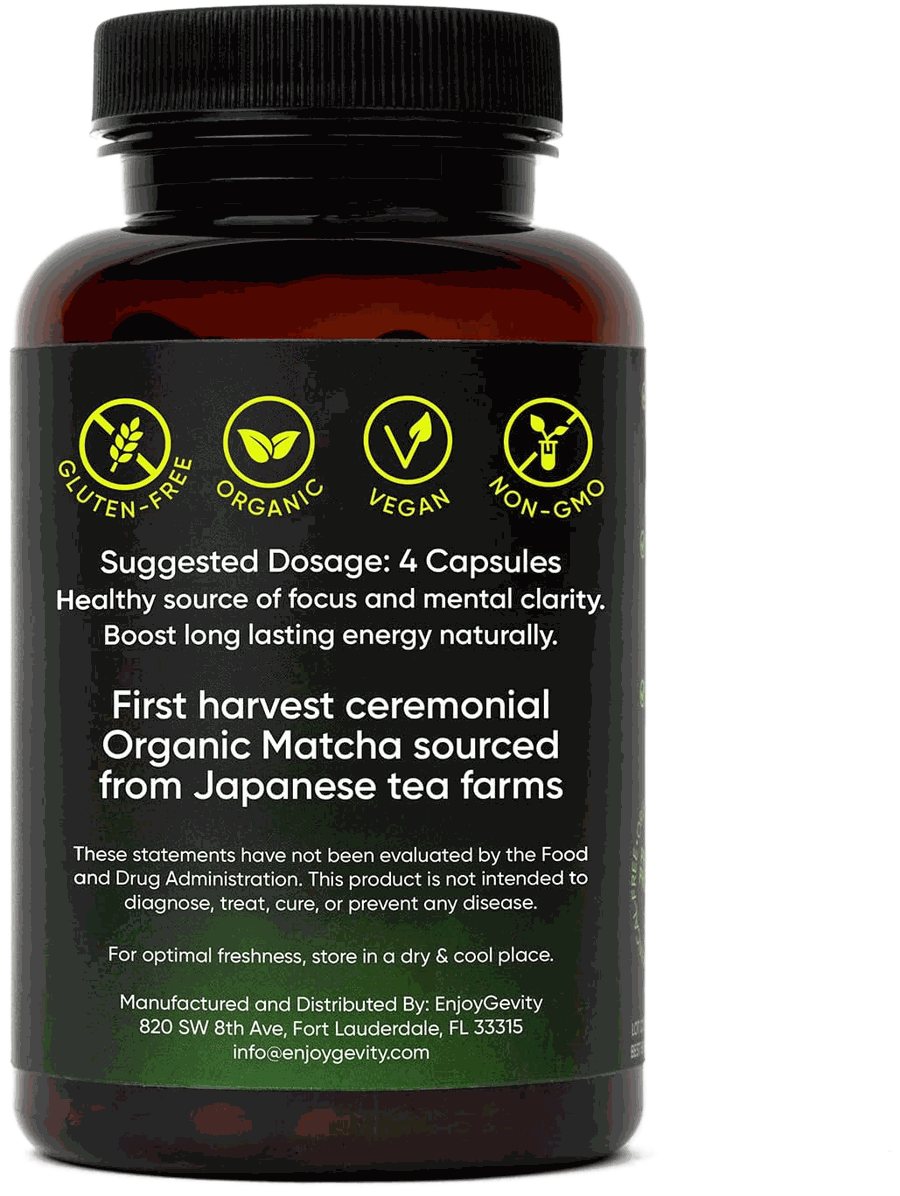 Back label of the EnjoyGevity matcha bottle showing dosage and certifications