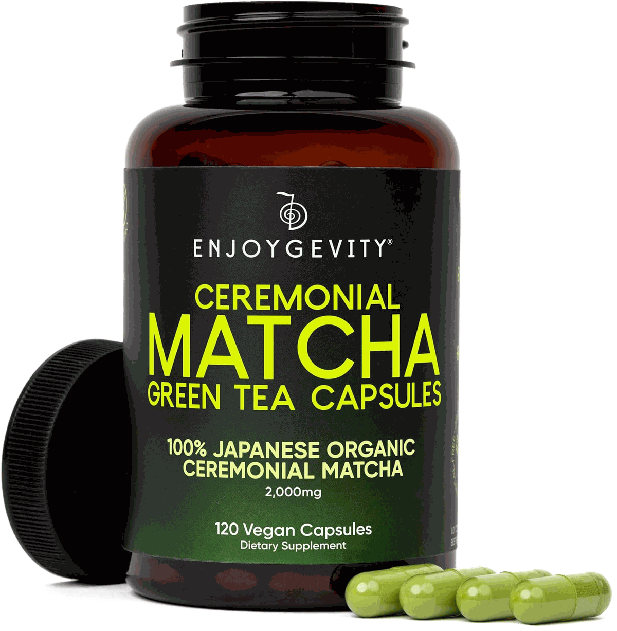 EnjoyGevity Ceremonial Matcha Green Tea Capsules bottle with loose green capsules